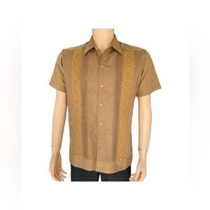 Men’s Linen Brown Guayabera with Golden Yellow Embroidery Short Sleeve